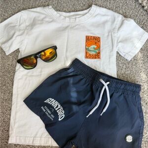 BinkyBro Kids Navy Swim Shorts & White 'Hang Loose' Tee Set
